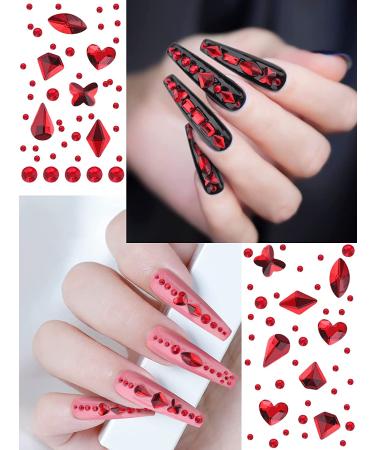 EBANKU Red Nail Rhinestones: Hearts, Butterfly, Round Shaped | Flat Back 3D Diamond Stone Nail Gems with Tweezers - Buy Online on GoSupps.com