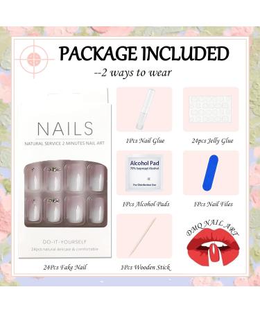 DMQ Square Gradient False Nails with Rhinestones - 24Pc Pink White Press on Nails for Women | Acrylic Stick-on Nails for Girls' Nails Art - Buy Online on GoSupps.com