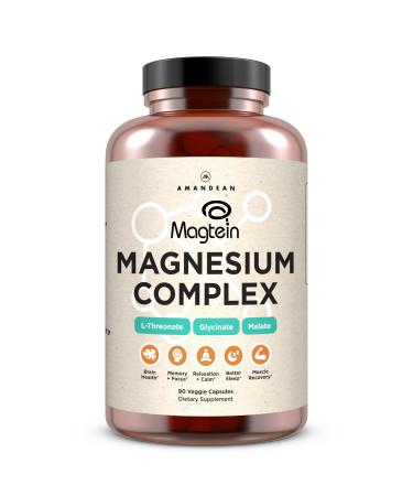 AMANDEAN Magtein Magnesium Complex. L-Threonate Glycinate Malate Triple Blend Chelated Magnesium Supplement. 90 Veggie Capsules. High Absorption Branded Ingredients. Brain Health Sleep Calm*.