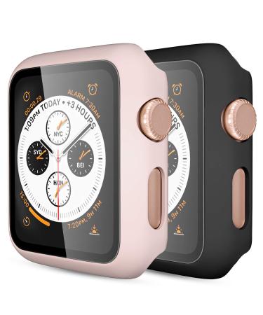 GEAK 2 Pack Hard PC Case Compatible with Apple Watch Case 38mm Full Coverage Bumper Protective Case with Screen Protector for iWatch Series 3/2/1 Black/Pink 38 mm Black/Pink