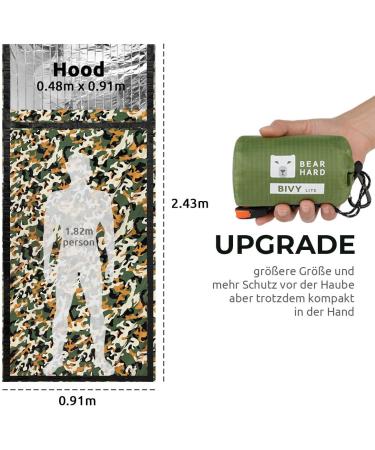 Bearhard Ultra-Light Waterproof Thermal Emergency Sleeping Bag Bivouac Sack - Survival Gear for Camping Hiking & Backpacking - Camouflage - Buy Online on GoSupps.com