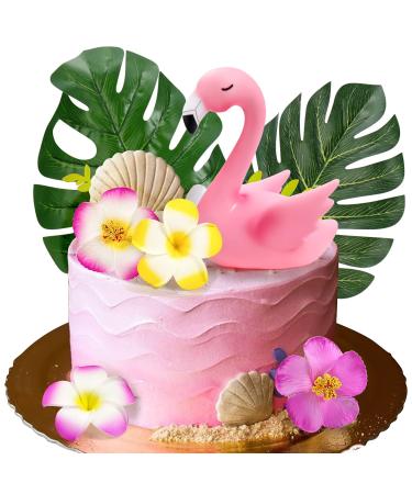 Mity rain 7pcs Flamingo Cake Toppers, Flamingo Palm Leaves Hibiscus Flowers Hawaiian Luau Cake Decorations for Tropical Theme Birthday Party Supplies