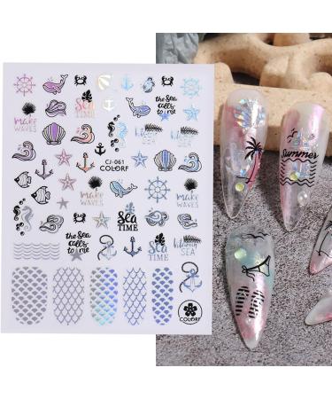 Summer Ocean Nail Art Stickers - 6 Sheets Tropical Palm Tree Decals for Women, Kids, Girls - Self-Adhesive 3D Seashell, Mermaid, Fish Designs - Acrylic Nail Decoration - Buy Online on GoSupps.com