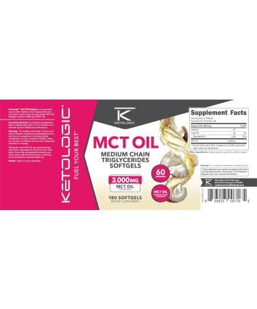 Ketologic MCT Oil (180 Softgels) (60 Servings) (3 000MG MTC Oil per Serving) - Medium Chain Triglycerides - Buy Online on GoSupps.com