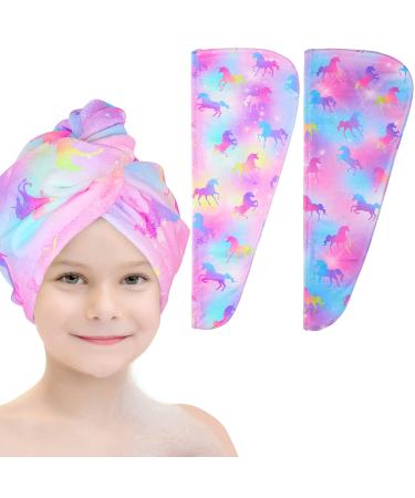 Basumee Microfiber Hair Towel Wrap for Kids 2 Pack Rapid Drying Hair Towel with Button Hair Turbans for Wet Hair Wraps Head Towel Wrap for Women and Girls Unicorn Colorful Unicorn