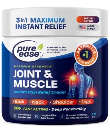 Arthritis Pain Relief Cream for Back 3 in 1 Maximum Instant Relief 2 OZ - Fast-Acting Muscle Pain Cream Extra Strength Joint & Knee - Powerful Formula for Neck Shoulder & Lower Back Arthritis Pain Relief Cream 2 Ounce