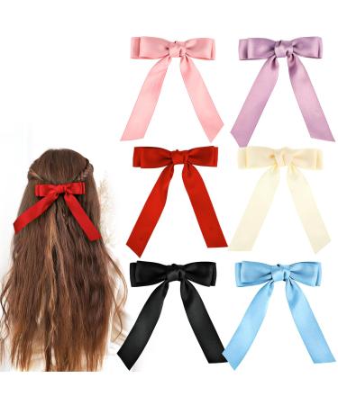 Ouligay 6pcs Hair Bows Tassel Hair Ribbon Bow Hair Clips with Long Tail Hair Bow Barrettes Bowknot Hair Clips Hair Accessories for Women Girls