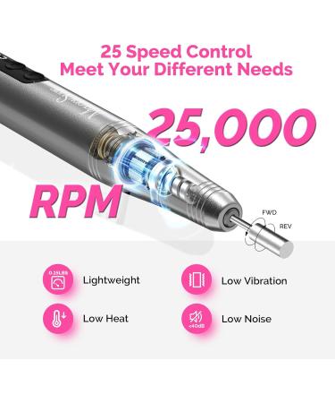 MelodySusie Electric Nail Files 11 in 1 Kit PC180F | Cordless 25000RPM Nail Drill | Portable Rechargeable Efile for Acrylic Nails | Professional Manicure Pedicure Tool (Gray) - Buy Online on GoSupps.com