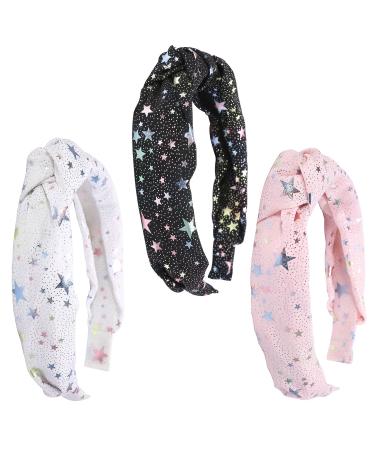 PinkSheep Top Knot Headbands for Girls Pink White Black 3PC Metallic Star Knotted Headband for Kids Chiffon Head Band Cute Sparkly Little Girl Fashion Hair Accessories Hairband Head Piece