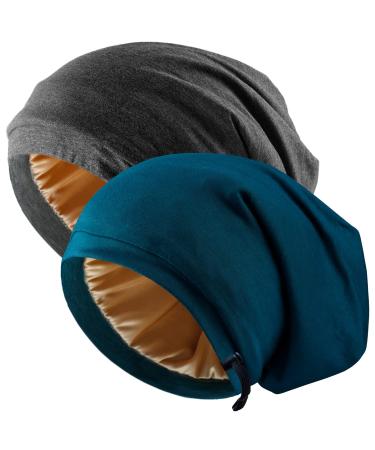 Silk Satin Bonnet Hair Wrap for Sleeping, 2 Pcs Adjustable Silk Bonnets for Women Men Sleep Cap Silk Lined Slouchy with Adjustable Strap Curly Hair Head Scarf Night Caps Large Black+blue2