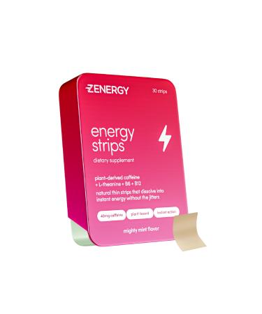 ZENERGY Energy Oral Strips - Mint Flavor | 40mg Caffeine + 30mg L-Theanine + 100% Vitamin B6 & B12 | 0 Sugar 0 Calories 0 Gluten 0 Aspartame Vegan Plant-Based Instant Action | 1 Tin 30 Strips