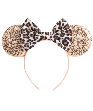 CHuangQi Mouse Ears Headband with Shiny Bow  Double-sided Sequins Glitter Hair Band  for Birthday Party Celebration & Event (XC11) Champagne & Leopard 1 Count (Pack of 1)