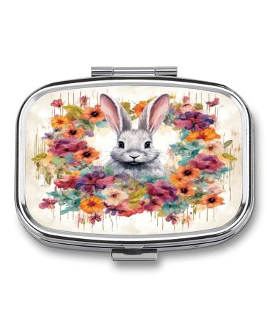 Pill Box Watercolor Rabbit and Flowers Print 2 Compartment Medicine Pill Case Pill Organizer Decorative Metal Portable Pill Box for Pocket Or Purse Style