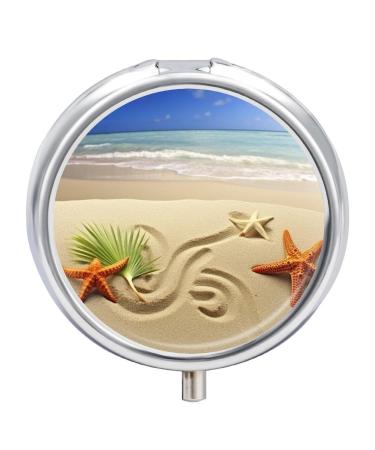 Pill Box Pill Case 3 Compartment Travel Pill Box Starfish with Palm Trees Printing Small Pill Box Portable Medicine Pill Case Pill Organizer for Purse & Pocket for Travel Handbag (Round)