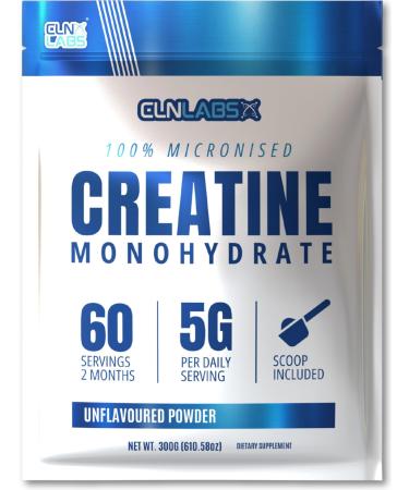 Creatine Monohydrate Powder - 300g (60 x 5g Servings) | 200 Mesh Fine Grade Powder Pure & Mixes Easily | Includes Scoop | Unflavoured | Made in The UK by CLN Labs - Buy Online on GoSupps.com