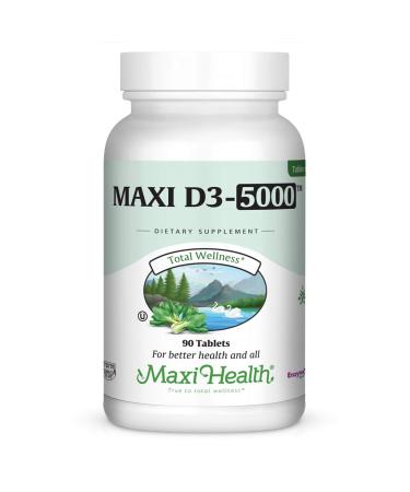 Maxi Health Natural Vitamin D3 -"5000 IU" - Nutrition Supplement - 90 Tablets - Kosher (D5) 90 Count (Pack of 1) Tablets