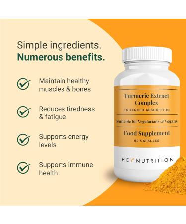 Hey Nutrition Turmeric Extract Complex - Vitamin D3 & C Black Pepper Extract - Support Muscle & Joint Relief - Maximum Potency & Enhanced Absorption - UK Manufactured - 6 Pack - 360 Vegan Capsules 60 count (Pack of 6) - Buy Online on GoSupps.com