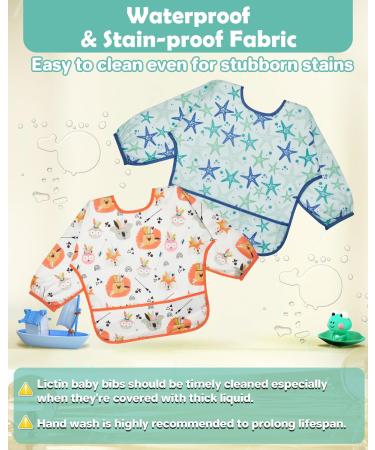 Lictin Waterproof Long Sleeve Baby Bibs 5 Pcs - Unisex Feeding Bibs for Infant Toddler 0-2 Years - Cute Cartoon Design - Multicolor - Buy Online on GoSupps.com