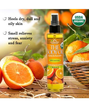 USDA Certified Organic Orange Body Oil - Jojoba & Avocado Oil with Vitamin E - 5 Fl. Oz - No Alcohol, Parabens, Artificial Detergents, or Synthetic Perfumes - Buy Online on GoSupps.com