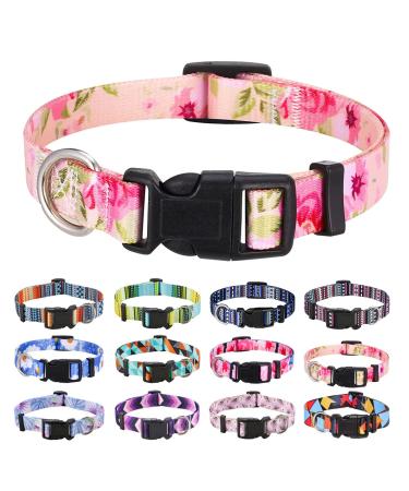 Mihqy dog collar adjustable soft & comfort dog collar Bohemian flowers geometric trunk design for small medium and large dogs (pink rose XS) XS (neck circumference 20-30 cm width 1.5 cm) pink rose