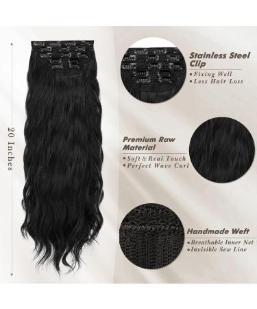 BARSDAR 50cm Long Wavy Clip-In Hair Extensions - Thick Natural Black Synthetic Hair for Women - 5 Pieces Set - Buy Online on GoSupps.com
