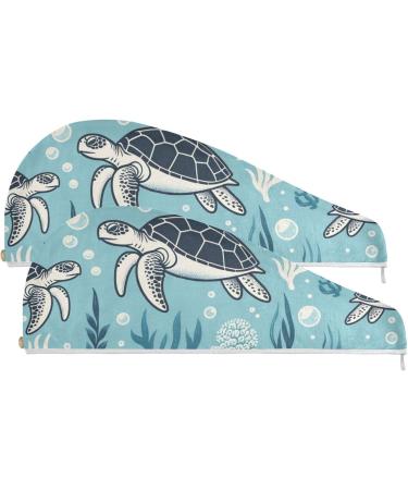 Super Absorbent Turtle in The Sea Hair Towel - 2 Pack Quick Dry Hair Turbans for Women & Girls - Buy Online on GoSupps.com