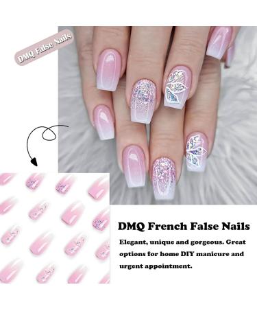 Pink White Glitter Coffin False Nails - 24Pcs Press on Nails for Women/Girls with Nail Glue - Gradient Glitter Nail Tips for Nail Art - Buy Online on GoSupps.com