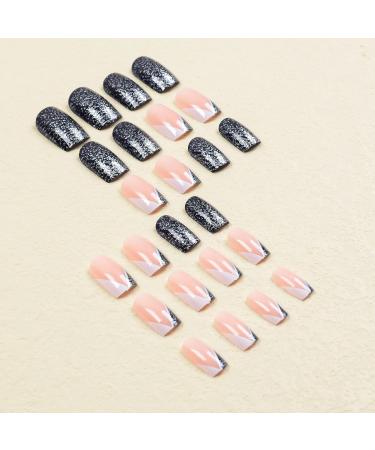 24Pcs Short Press On Nails: Square Shaped Black White V-Shaped French Tip False Nails with Silver Glitters - Glossy Acrylic Nails for Women and Girls - Buy Online on GoSupps.com
