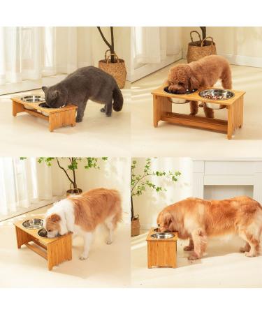 FOREYY Bamboo Raised Pet Bowls for Cats & Small Dogs 2 Stainless Steel Bowls, Anti-Slip Stand, 4'' Tall - Buy Online on GoSupps.com