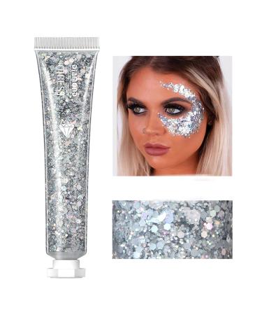 CCBeauty Body Glitter Gel, Face Glitters Body Gel Sequins Shimmer Liquid Eyeshadow, Chunky Glitter for Face Hair Nails, Holographic Cosmetic Laser Powder Festival Glitter Makeup,Silver 02# Silver
