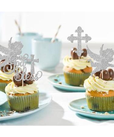 Rsstarxi 24 Pack God Bless and Cross Cupcake Toppers Glitter Angel Christening Babyshower Boy Baptism Cupcake Picks Decorations for First Communion Baptism Party Cake Decorations Silver - Buy Online on GoSupps.com
