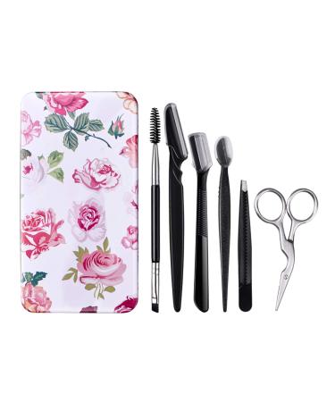 FITDON Eyebrow Grooming Set, Professional Slant Tip Tweezers & Curved Stainless Steel Scissors & 3PCS Brow Razors Trimmer & Duo Angled Eyebrow Brush with Spoolie 7 Piece Set