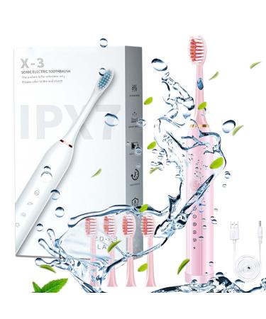 Electric Toothbrush for Adults with 4 Brush Heads and 6 Cleaning Modes Smart 20-Speed Timer Electric Toothbrush Ipx7 Rechargeable Power Toothbrush Longer Life Faster Charging Pink