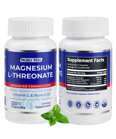 2000 mg Capsules Magnesium L-Threonate/Magnesium threonate Supplement 120 Capsules High Absorption Magnesium Supplement-Vegan to Support Stress Relief Sleep Nerves Muscles and Metabolism