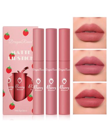 IONSGAKO 3PCS Matte Nude Lipstick Velvet Nude Lip Gloss Non-Drying Non-Fading Non-Stick Cup Matte Lip Stain Long Lasting Waterproof Lipstick for Women Girls Lip Makeup - Set C