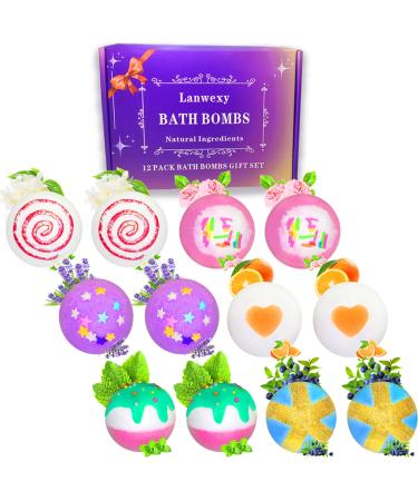 Bath Bombs Lanwexy 12 Large Bath Bombs Gift Set for Women.Organic Natural Handmade Aroma Pure Essential Oil Bubble Bath Balls.Fragrant Spa to Moisturize Dry Skin.Birthday Gift Idea for Kids