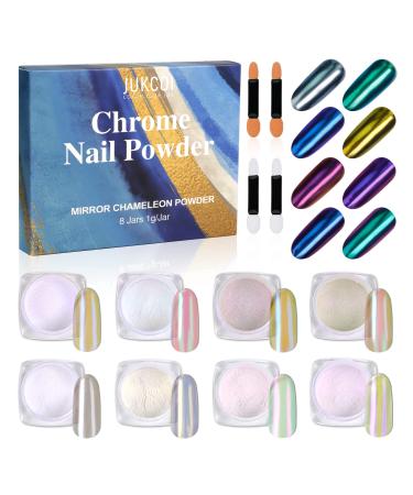 Jukcoi Chrome Nail Powder, 8 Colors Chrome Nail Powders (6 Colors Mirror Powder + 2 Colors Chameleon Powder) Pearl Effect Aurora Chrome Powder Set Manicure Pigment (Mirror Chameleon Powder)