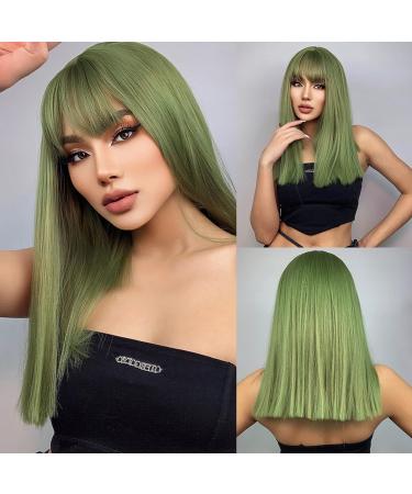 Pretfy Green Wig for Women 16 Natural Middle Length Straight Wig with Hair Bangs - Grass Green Wig for Cosplay & Halloween - Heat Resistant Synthetic Hair - Short-2 (Green) - Buy Online on GoSupps.com