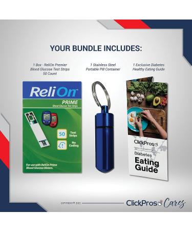 ReliOn Prime Blood Glucose Test Strips 50 Ct Bundle with Diabetes Eating Guide, Pill Container - 3 Items - Buy Online on GoSupps.com