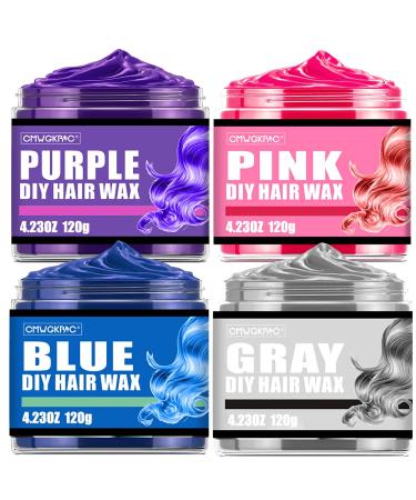 4 Color Temporary Hair Color Wax, Hair Wash Out Wax Color Hair Colorants - Grey Pink Blue Purple Fun and Effective Modeling Fashion DIY Hair Wax for Men Women Kids … Pink Blue Purple Gray