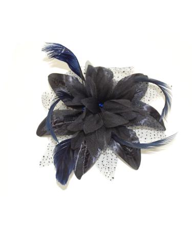 Flower Net and Feathers Fascinator On A Comb 9 Colours (Navy)