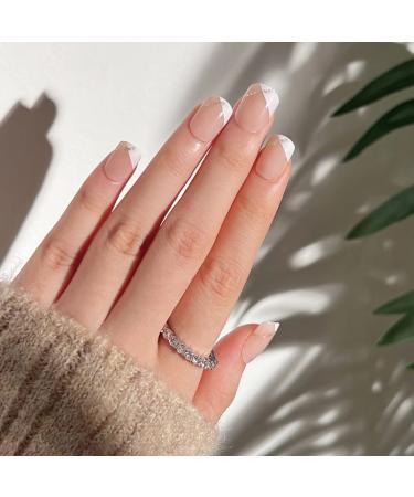 JUSTOTRY 24 Pcs Square False Nails Short White French Press on Nails Pattern Nude Fake Nails Short with Nail Glue Glitter Stick on Nails for Women Squoval Nails Fake Nail for Nails Art white &glitter3
