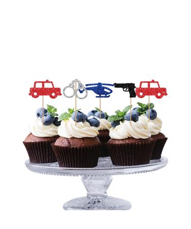 24Pcs Police Cupcake Toppers Police Officer Birthday Cupcake Toppers for Boys Blue&Black Glitter Policemen Cupcake Picks for Baby Shower Police Birthday/Officer Academy Graduation Party Decoration
