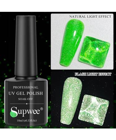 Supwee Neon Green Reflective Glitter Gel Nail Polish - Summer Spring Bright Green Set | 10ML - Buy Online on GoSupps.com