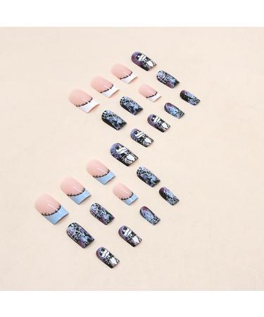 Shop Halloween Press On Nails - Medium Square French Fake Nails with White Spider Web | 24 Pcs Glossy Acrylic Nails for Women & Girls - Perfect for Nightmare Before Christmas - Buy Online on GoSupps.com