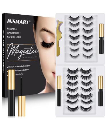 Magnetic Eyelashes, 14 Pairs False Lashes with 3 Tubes of Magnetic Eyeliner, Magnetic Lashes, Natural Look Kit with Tweezers, Reusable, No Glue