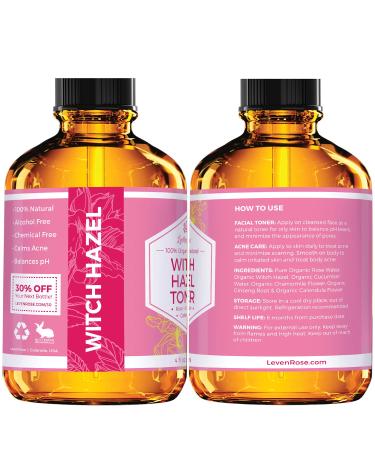 Leven Rose Witch Hazel Toner 100% Pure Organic Facial Rose Water with Calendula, Cucumber & Chamomile Flower - 4 oz - Buy Online on GoSupps.com