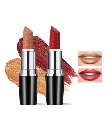 Anglicolor 2PCS Metallic Glitter Lipstick Pink Lipstick Highly Pigmented Glitter lipstick Long-Lasting Moisturising Velvety smooth application Creamy sculpted design lipstick (#10+#12)