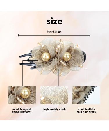 Dizila 4 Pack Sparkly Crystal Mesh Double Flower Hair Clips | Decorative Pearl Hair Barrettes for Women and Girls - Buy Online on GoSupps.com