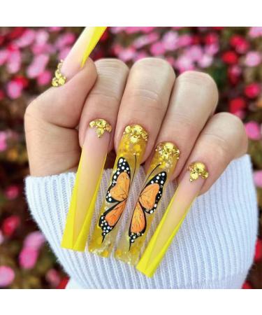 JUSTOTRY 24 Pcs Diamante Fake Nails Long Yellow French Press on Nails with Butterfly Designs Nude Medium Ballerina Stick on Nails for Women Acrylic Coffin False Nails with Glue for Nail Art dyf